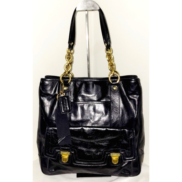 Coach 17924 Poppy Camelia Black Leather Pushlock Tote - Picture 2 of 11